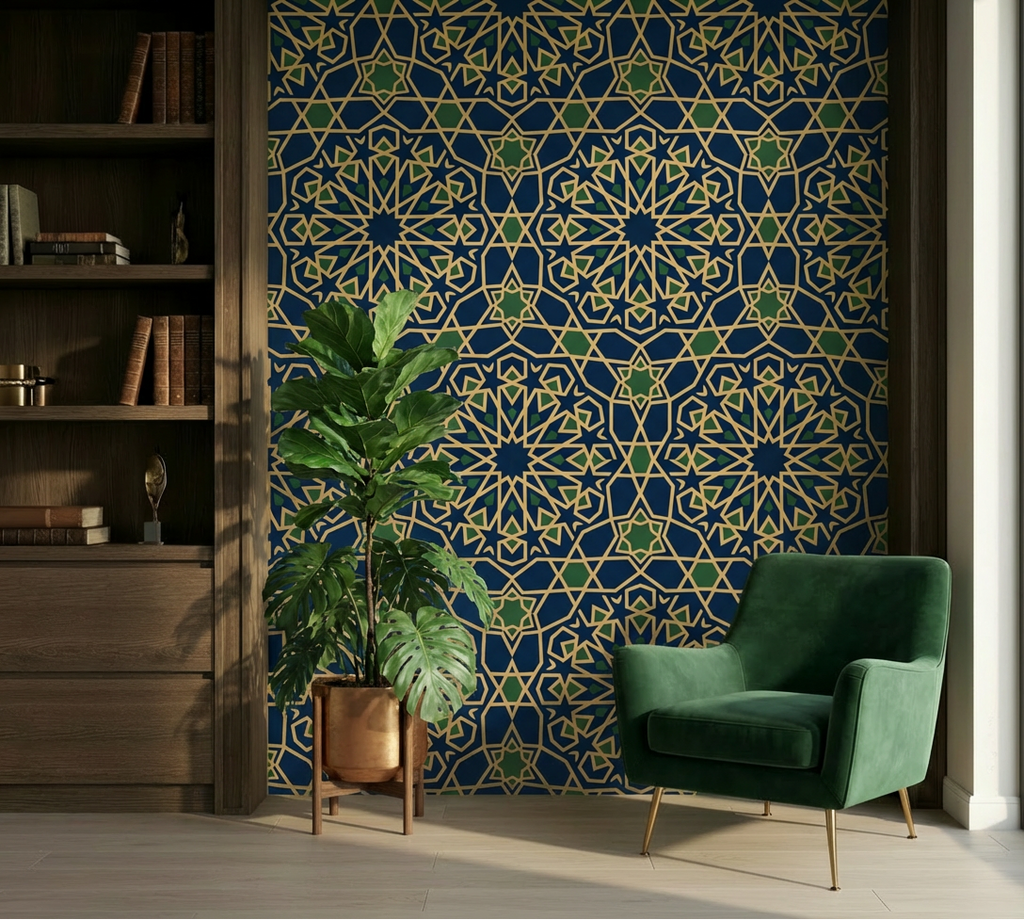 Geometric Heritage Luxe Wallpaper – Prussian Blue & Aged Gold