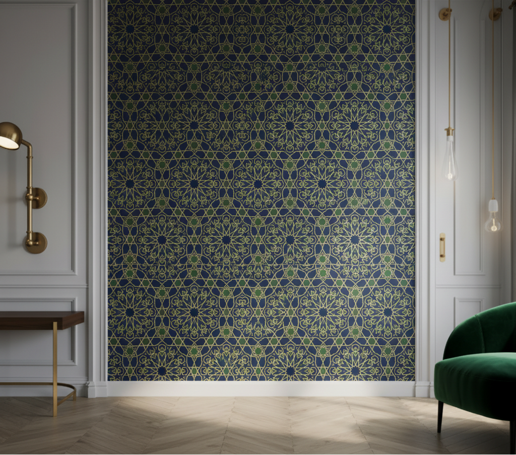 Geometric Heritage Luxe Wallpaper – Prussian Blue & Aged Gold