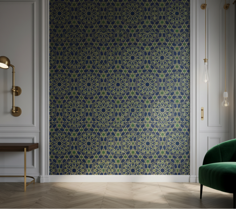 Geometric Heritage Luxe Wallpaper – Prussian Blue & Aged Gold